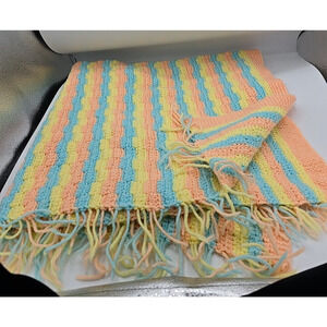 Vintage Multicolor Striped Crochet Colorful Fringe Throw Blanket Size 36.5"x36"